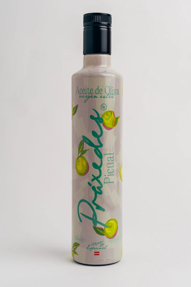 Praxedes Picual — botella beige elegante